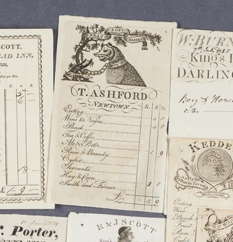 A collection of papers listing prices for food and drink at inns in the 18th and 19th century.