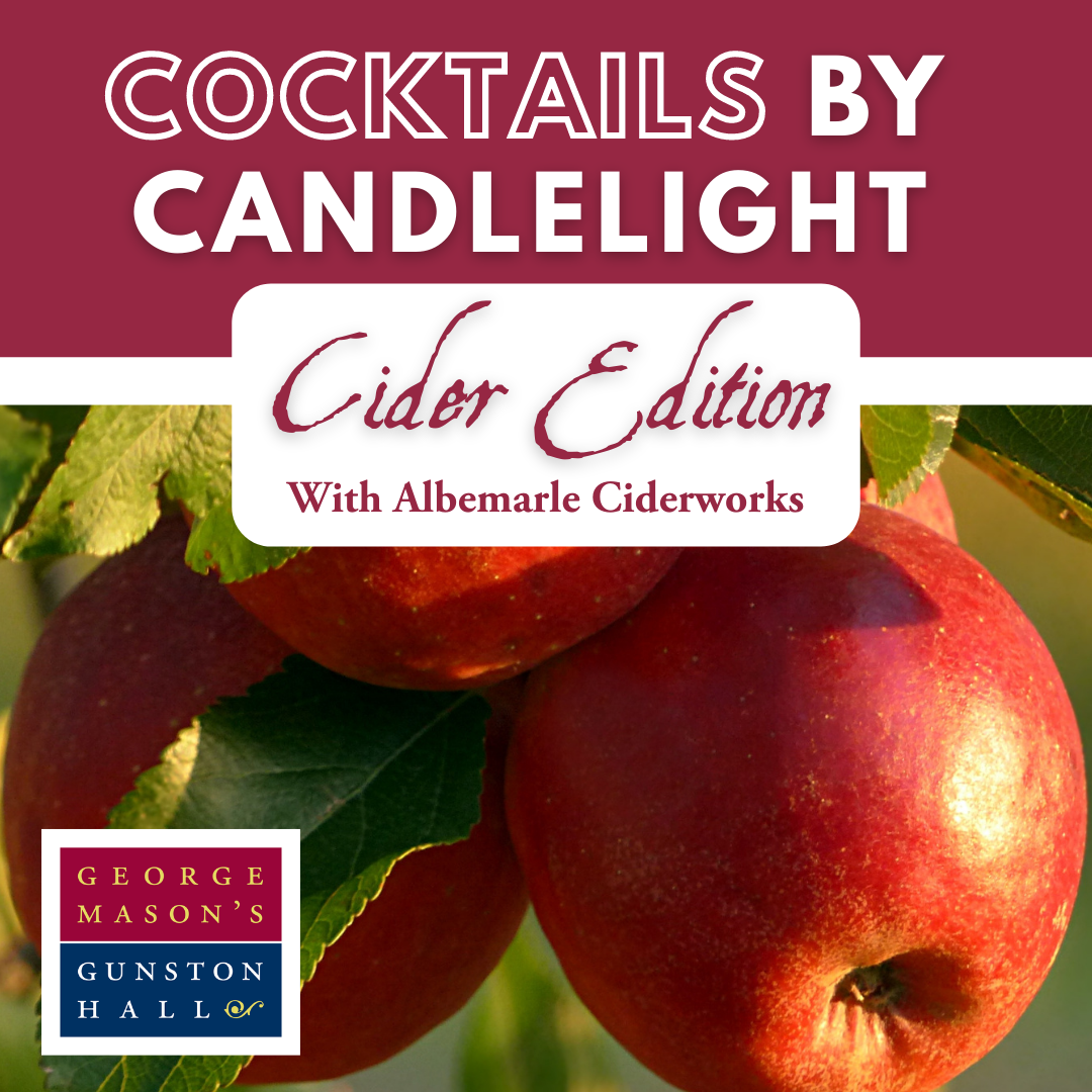 a red bar stating Cocktails by Candlelight: Cider Edition with Albemarle CiderWorks over apples hanging on a tree
