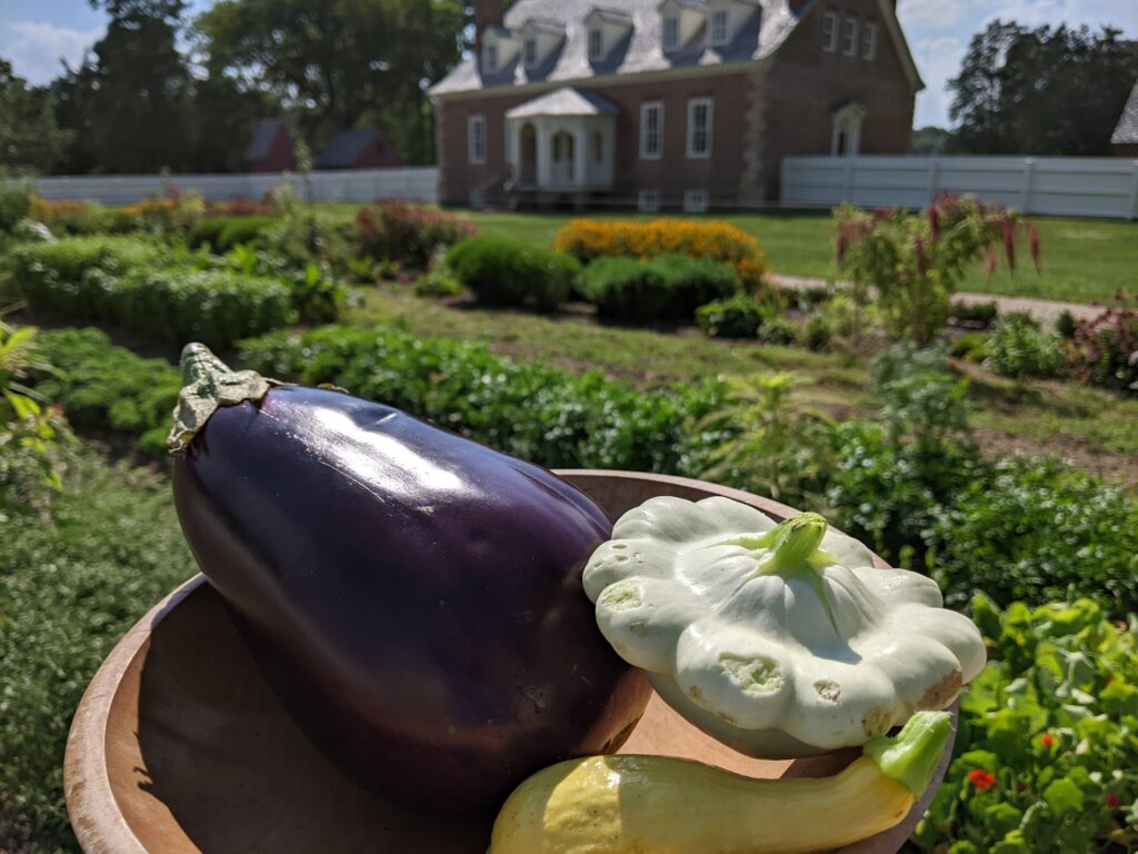 an eggplant, and two squash in a wooden bowl framed by the garden and the historic mansion.