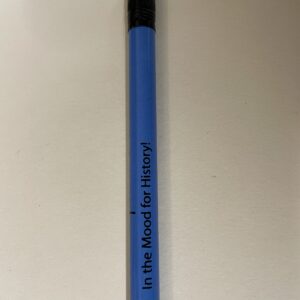 Blue Gunston Hall mood pencil with black eraser that changes color from blue to white, printed with “In the Mood for History!”