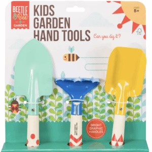 Colorful kids garden hand tools set with three sturdy wooden-handled tools for outdoor play and gardening, ages 5+.