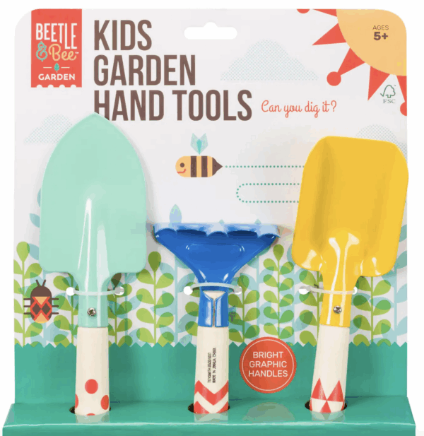 Colorful kids garden hand tools set with three sturdy wooden-handled tools for outdoor play and gardening, ages 5+.