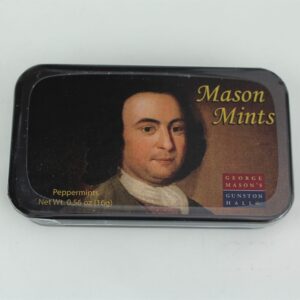 Mason Mints collectible tin with George Mason portrait and Gunston Hall logo, filled with sugar-free peppermints.