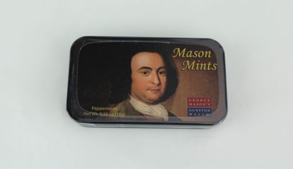 Mason Mints collectible tin with George Mason portrait and Gunston Hall logo, filled with sugar-free peppermints.