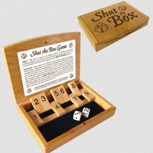 Mini Shut the Box wooden dice game with numbered tiles flipped down, a compact version of the classic family game.